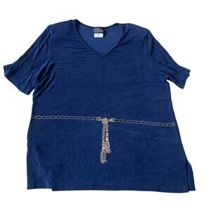 Vintage Artex Collection 2 Piece Blouse Embellished Studded Belt Stretch Navy XL